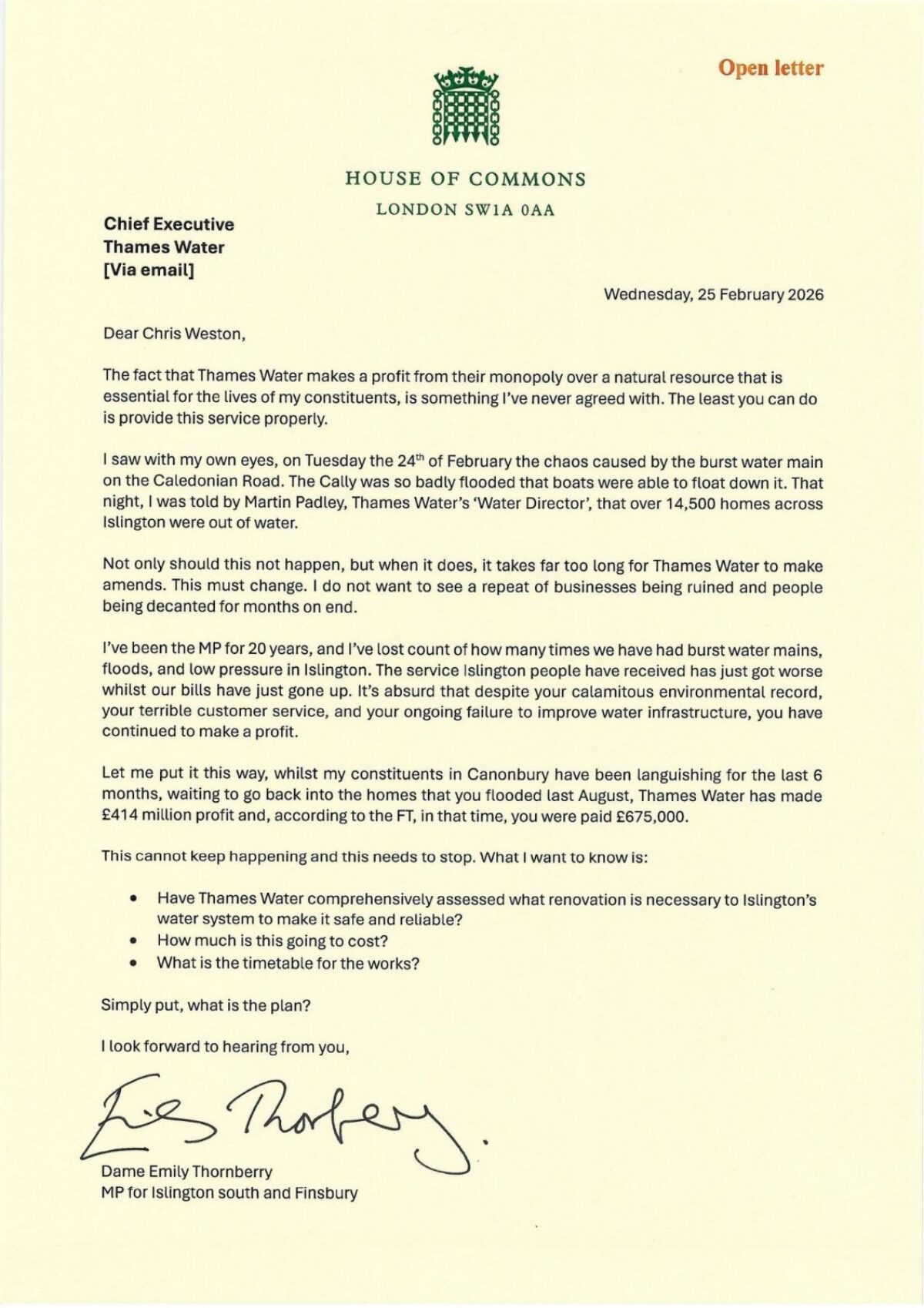 Open Letter to Thames Water following the floods in Cally Road - February 2026